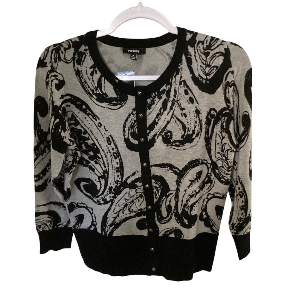 Premise Women's 3/4 Sleeve Cardigan Sweater Grey And Black Snaps NWT Varies
